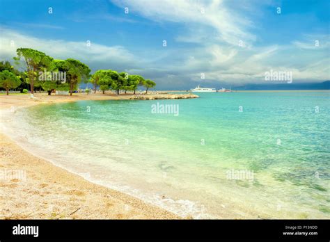 Sandy beach in Crikvenica resort town. Kvarner bay, Croatia Stock Photo ...