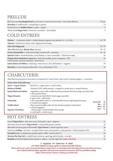 a la carte restaurant menu - Moo Moo