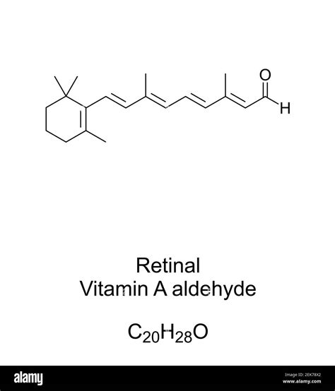 Retinal, Vitamin A aldehyde, chemical formula and skeletal structure. Also known as ...