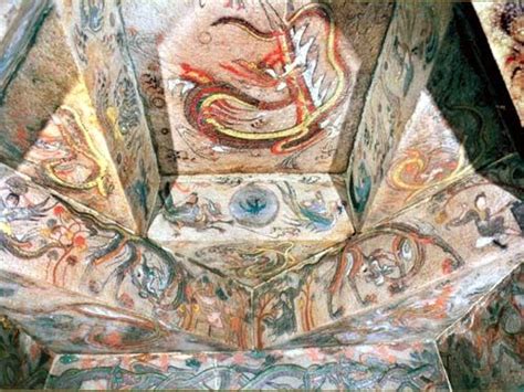 Goguryeo Tomb Murals - Sun Crow with flying celestials - East ceiling, Ohoe Tomb #4, 6th - 7th ...