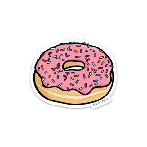 a pink donut sticker with sprinkles on it's side