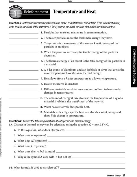 Thermal Energy Temperature And Heat Worksheet