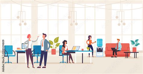 People office workers characters talking and working. Office life interior concept. Vector flat ...
