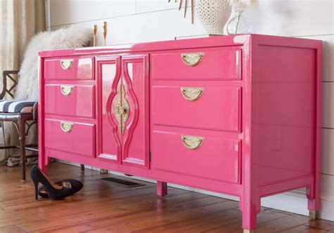 How to get High Gloss Painted Finish on Vintage Wood Dresser-Peony Pink Dresser