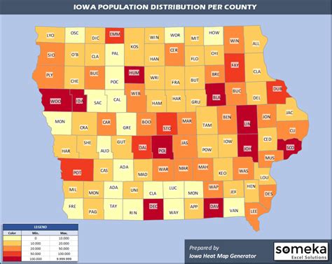 Iowa County Map and Population List in Excel