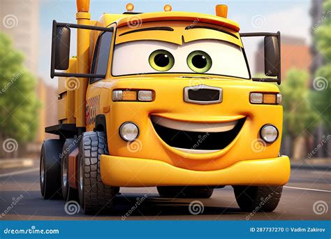 Happy Cartoon Truck Character, Ultra Detailed, Orange Colour, on a ...