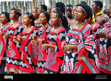 Traditional Swazi dancing display by the troupe at Mantenga Cultural Village, Ezulwini Valley ...