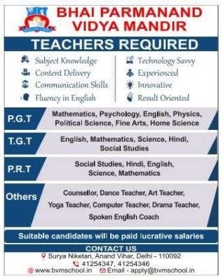 Bhai Parmanand Vidya Mandir, New Delhi Teachers Required - Facultytub