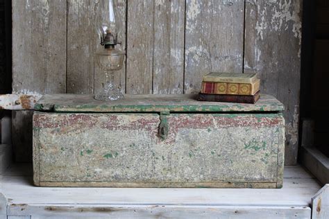 Vintage Large Wood Toolbox, Grey, Green & Red Chippy Paint, Long Wooden ...