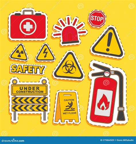 Set of Safety and Construction Stickers. Vector Illustration in Cartoon Style. Stock Vector ...