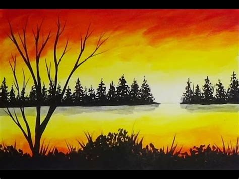 Acrylic Painting Sunset Cove and Pine Trees Silhouette - YouTube