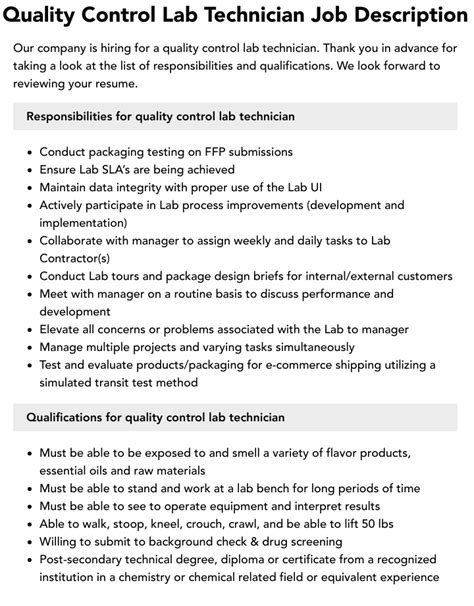 Quality Control Lab Technician Job Description | Velvet Jobs