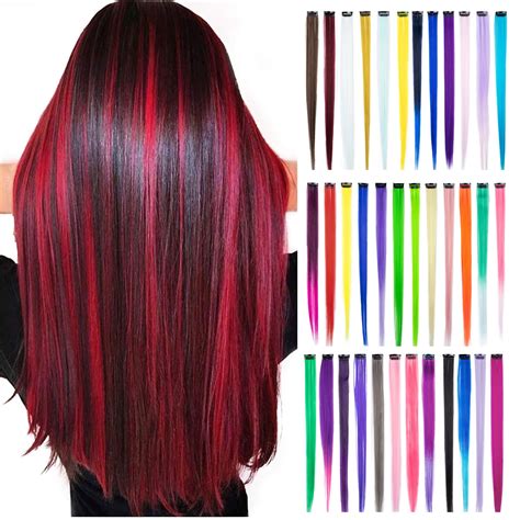 Colored Clip in Hair Extensions, Colorful Straight Long Hair Extensions Party Highlights Clip in ...