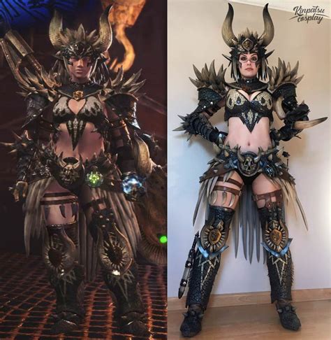 two pictures of women dressed in costumes with horns and wings, one is wearing an elaborate outfit