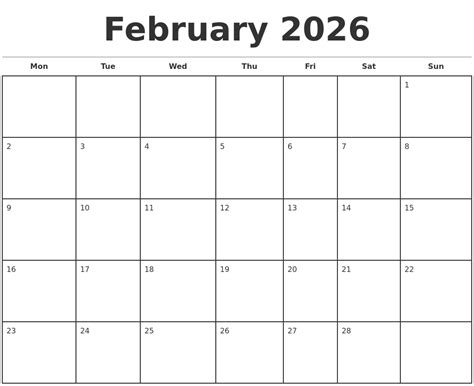 February 2026 Monthly Calendar Template