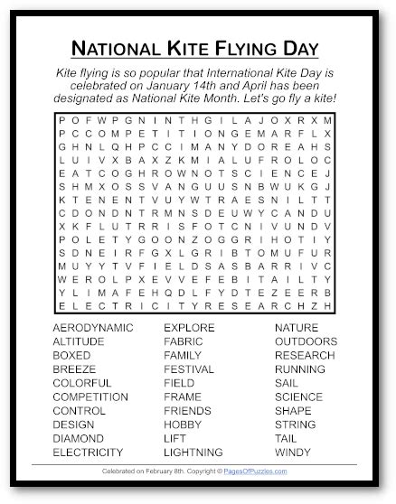 National Kite Flying Day Word Search - Pages of Puzzles