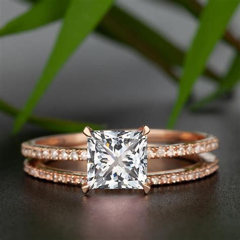 JeenMata - Affordable 1.5 Carat Princess Cut Moissanite and Diamond Wedding Ring Set in 18k Rose ...