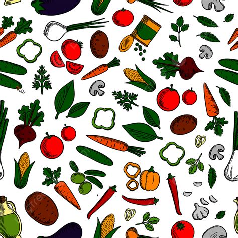 Vegetable Salad Ingredients Background With Seamless Pattern Of Tomatoes, Seamless, Mushrooms ...