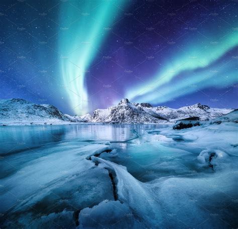 Night winter landscape with aurora stock photo containing aurora and ...