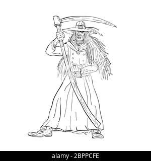 Drawing sketch style illustration of Ankou, henchman of Death, Celtic keeper of lost souls and ...