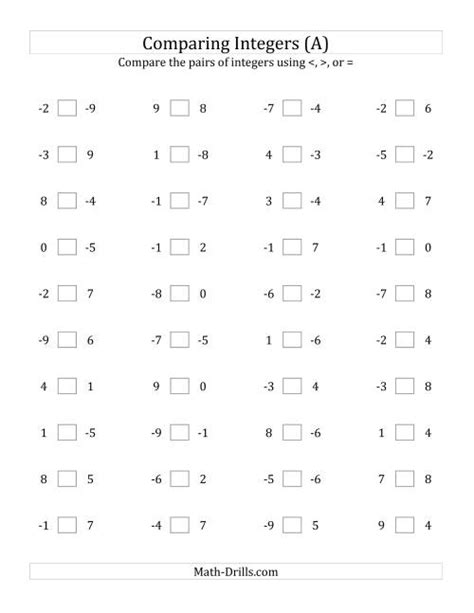 Comparing Integers from -9 to 9 (A)