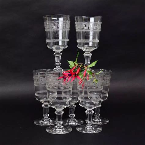 7 Engraved, Crystal Wine Glasses in Antique Engraved Glass