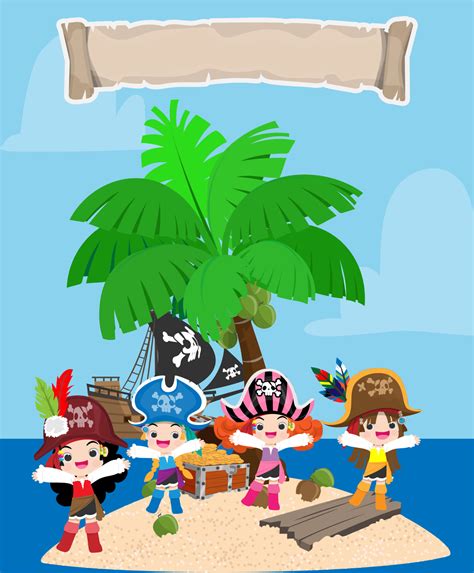 The pirate treasure island scene has a treasure chest filled with gold ...