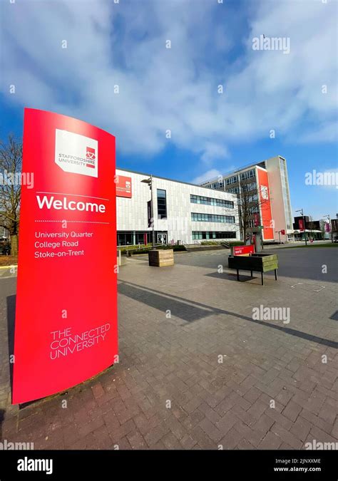 wide angle staffordshire university college road campus sign and beacon building in stoke on ...