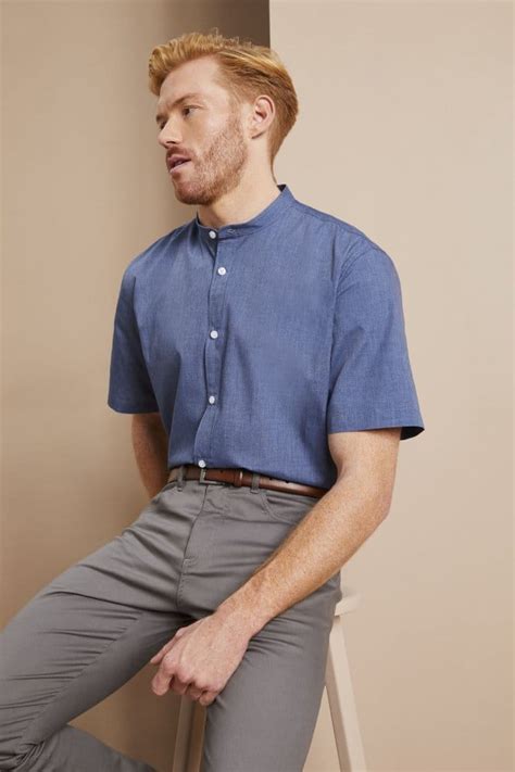 Men's Short Sleeve Denim-Look Banded Collar Shirt, Blue | Simon Jersey