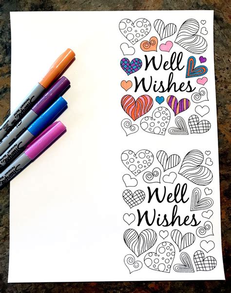 Well Wishes Card With Hearts Printable PDF Coloring Page | Etsy