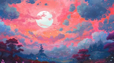 Premium AI Image | A painting of a landscape with a moon in the sky