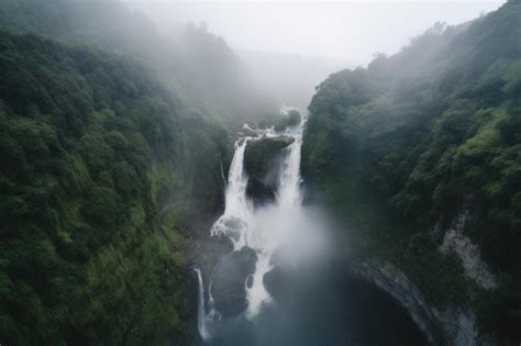 Premium Photo | Aerial view of beautiful waterfall with drone hovering above the mist created ...