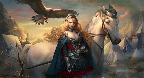 Female Knight, fantasy, girl, digital, falcon, horse, woman, knight ...