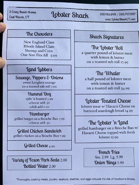 Menu at Lobster Shack restaurant, East Haven