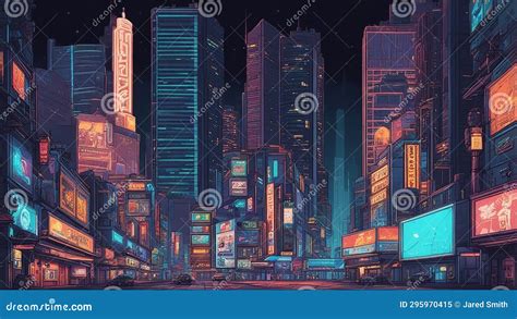 City Skyline at Night Anime Cyberpunk Cityscape at Night Stock Illustration - Illustration of ...