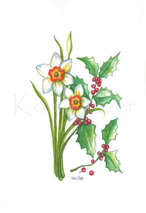 a watercolor painting of white flowers and green leaves with red berries on the stems