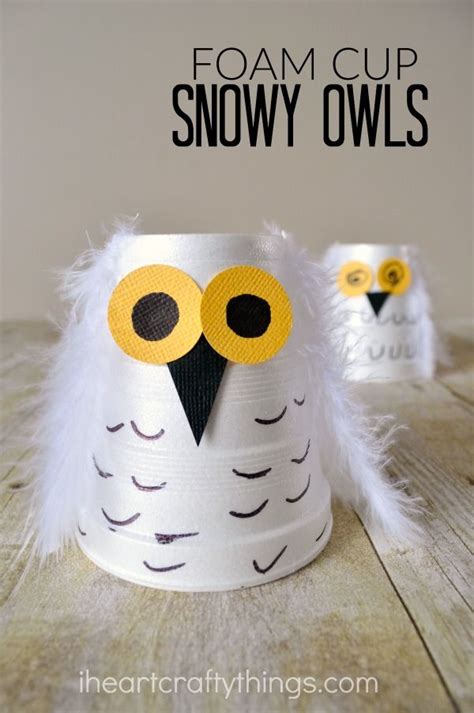 Make a cute snowy owl kids craft out of a small foam cup. Great winter craft for kids or for ...