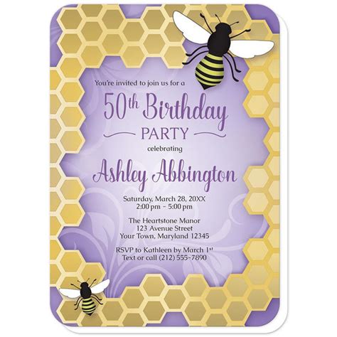 Purple Honeycomb Bee Birthday Party Invitations