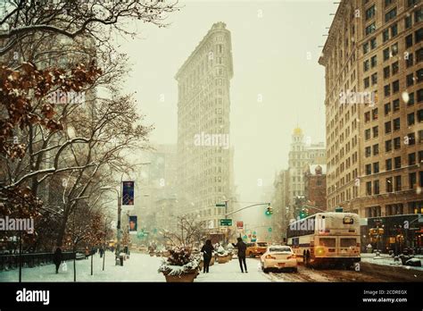 New York City street view in winter snow storm Stock Photo - Alamy