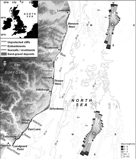 Regional map of the Suffolk coast, eastern England, showing the main ...