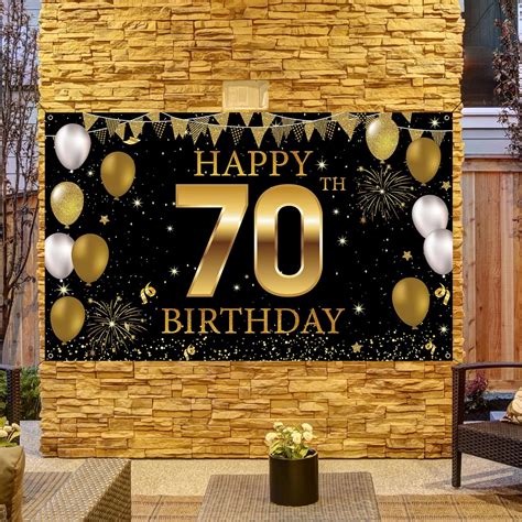 Buy 70th Birthday Party Decorations Backdrop Banner, Black Gold Happy ...