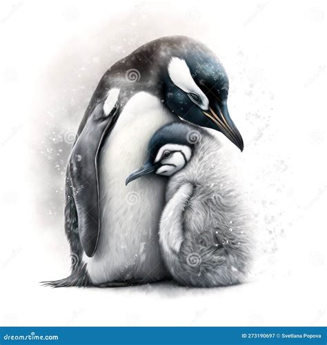 Penguin Cuddling Its Baby Or Chick Isolated On White Background. Family ...