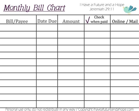 Monthly Bill Due Date Printable