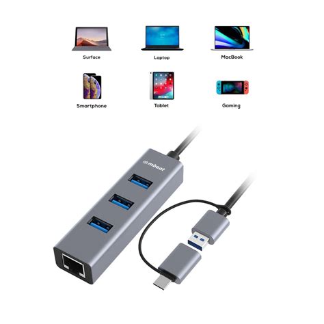 3-Port USB 3.0 Hub + Gigabit Ethernet with USB-C Converter