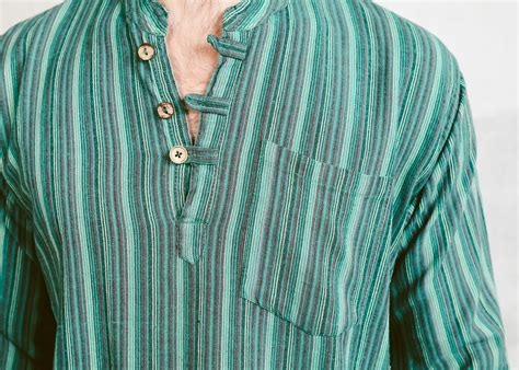 Vintage 70s Hippie Shirt . Men 1970s Striped Shirt Collarless Band Collar Striped Green Pattern ...