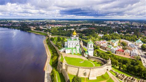 Aerial View of the Trinity Cathedral, Pskov Kremlin Stock Image - Image of blue, architecture ...