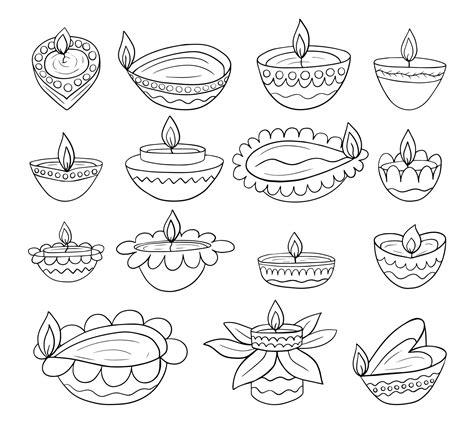 Diwali Diya sketch vector set. Hand drawn Diwali lamps with lights ...