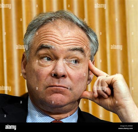 Senator Tim Kaine Democratic of Virginia listens to witness during Senate Committee hearing ...