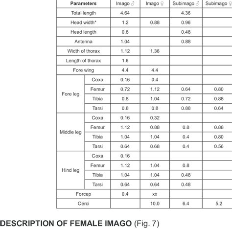 Measurements of body and body parts of male and female imagoes and ...