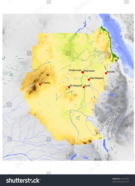 Sudan. Physical Vector Map, Colored According To Elevation, With Rivers ...